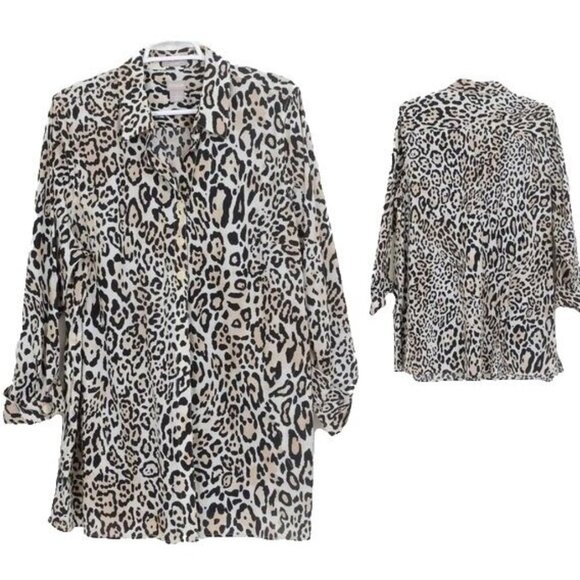 Chico's Leopard Print Cotton Button Up Shirt Top Blouse PLUS Size 3 (LG 16/18) - Picture 1 of 5